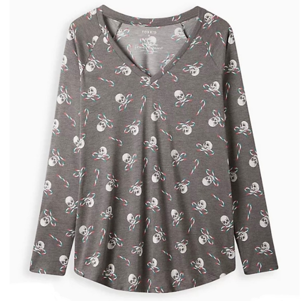 NEW! TORRID “Skull Candy” Heather Grey Raglan Long-Sleeve Raglan V-Neck Tee, NWT